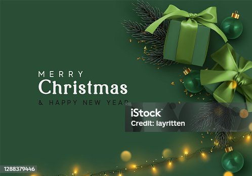 istock Holiday background Merry Christmas and Happy New Year. Xmas design with realistic festive objects, dark green color gift box, balls, light lamps garlands, glitter gold confetti. Festive banner, poster 1288379446