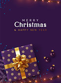 Holiday background Merry Christmas and Happy New Year. Xmas design with realistic festive objects, sparkling lights garland, purple gift box, lilac ball bauble, glitter violet confetti.