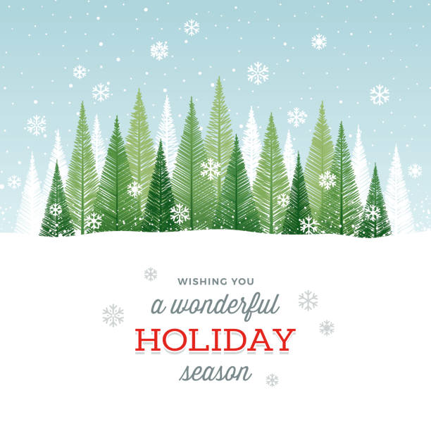 Holiday Background Simple graphic Christmas tree forest with snowflakes and greetings. holidays and seasonal background stock illustrations