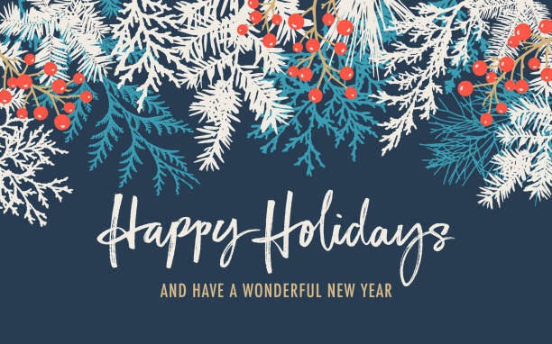 Modern Christmas, holiday background with pine tree branches, berries, fir needles and hand written greetings. Copy space. Frame,border composition.