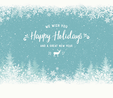 Holiday Background with Snowflake Frame, Christmas Trees and Reindeer