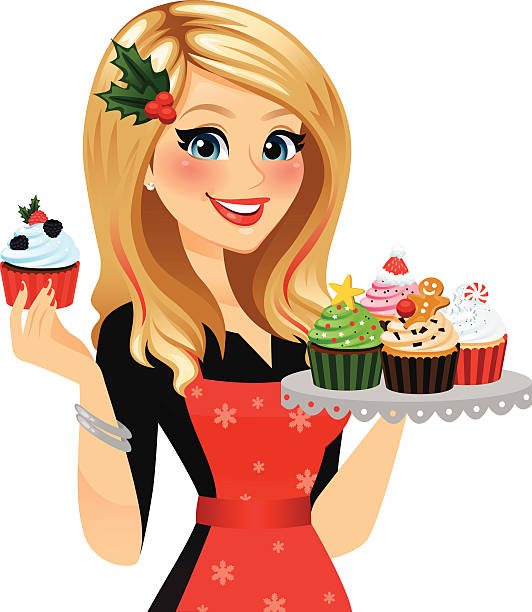 Holiday Baker Woman A festive baker with her freshly made holiday cupcakes! Single cupcake and cupcake tray removable in Ai (hands complete underneath). Red hair streaks, apron, snowflakes, holly hair clip, all removable in Ai. heyheydesigns stock illustrations