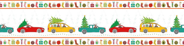 Holiday border design with cartoon reindeer, trucks, cars, Christmas trees and gifts in traditional colors. Seamless vector pattern on white background. Great for stationery, banners, graphic design Holiday border design with cartoon reindeer, trucks, cars, Christmas trees and gifts in traditional colors. Seamless vector pattern on white background. Great for stationery, banners, graphic design. truck borders stock illustrations
