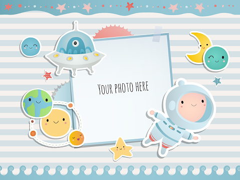 Holiday card design. Baby shower. A little astronaut floating around in open space, among stars, planets, funny monsters and comets.