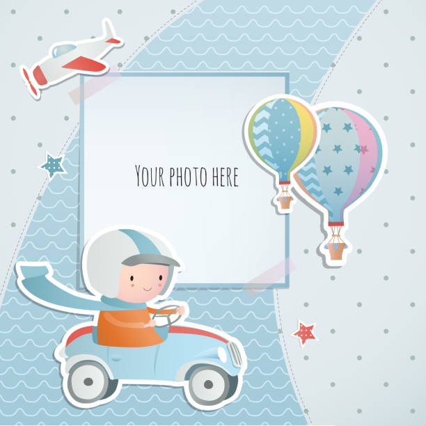 Holiday card design with  A boy driving a car.  Baby shower. Paper, scrapbook. Holiday card design with  A boy driving a car.  Baby shower. Paper, scrapbook. airplane borders stock illustrations