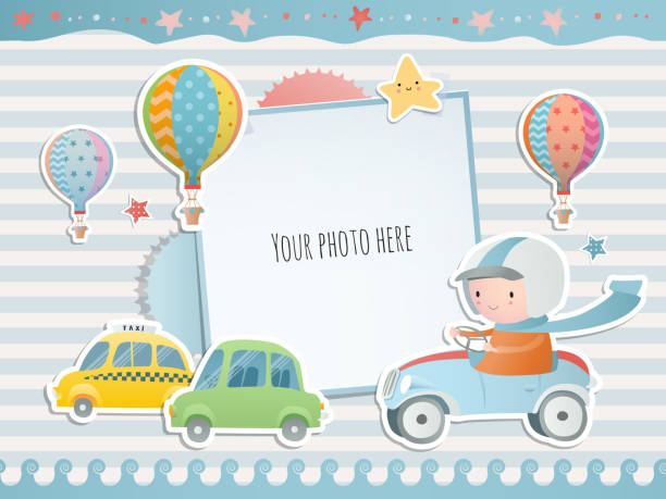 Holiday card design with  A boy driving a car.  Baby shower. Paper, scrapbook. Holiday card design with  A boy driving a car.  Baby shower. Paper, scrapbook. car borders stock illustrations
