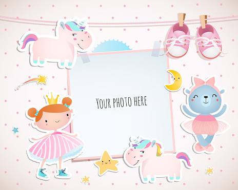 Holiday card design with a little princess, unicorns, booties.