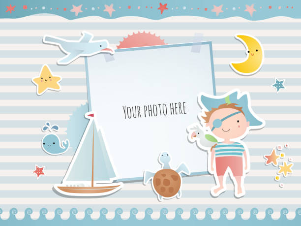 Holiday card design with  pirate, ship and stars.  Baby shower. Paper, scrapbook. Holiday card design with  pirate, ship and stars.  Baby shower. Paper, scrapbook. adventure borders stock illustrations