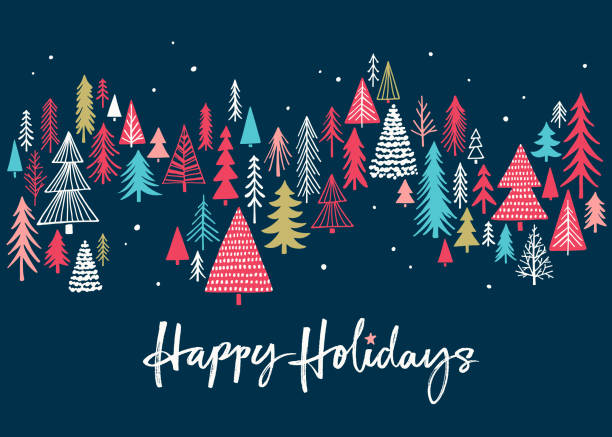 weihnachtskarte mit weihnachtsbäumen - feiertage vector stock-grafiken, -clipart, -cartoons und -symbole