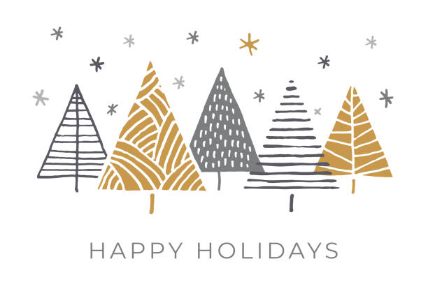 ilustraciones, imágenes clip art, dibujos animados e iconos de stock de tarjeta de vacaciones con árboles de navidad. - christmas card