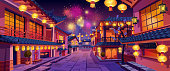 istock CNY holiday celebration, chinese New Year panorama at night. Vector houses with lights, lanterns and garlands, fireworks on background. Street festively decorated, chinatown city buildings 1341220161