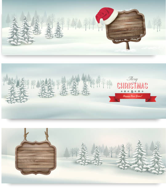 Holiday Christmas banners with winter landscare and wooden sign. Vector. Holiday Christmas banners with winter landscare and wooden sign. Vector. presentation speech borders stock illustrations