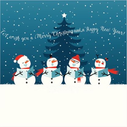 Group of snowman singing Christmas carols under the Christmas tree. Christmas card with lettering.