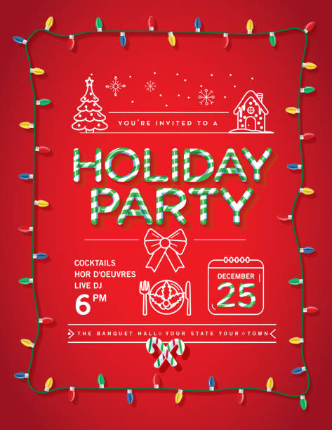 Vector illustration of a modern Holiday Christmas Party Invitation Design Template with candy cane text, Christmas Lights and line art icons. Fully editable and customizable.