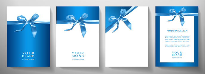 Holiday cover design set. Luxury blue background with ribbon (bow)
