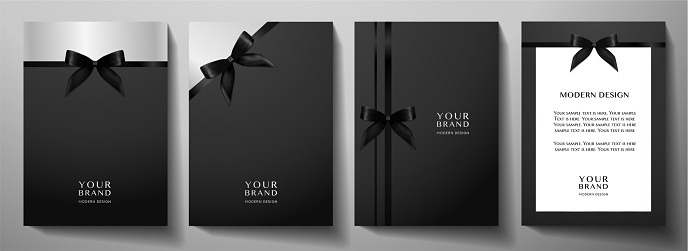 Holiday cover design set. Luxury silver, dark background and black ribbon (bow)