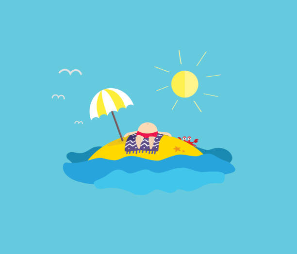Holiday desert island with sunbathing man on the open book. Perfect for bookstore. Fat man sunbathing on the beach on the lonely island. Story comming out of the book. Seaside, crab, sun umbrella and a lot of water and sand. desert island stock illustrations