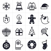 Christmas, Holiday and Hanukkah icons including snowflake, gift, christmas tree, stocking, peace dove, santa hat cand and menorah. EPS 10 file. Transparency effects used on highlight elements.