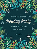 Holiday, Christmas frame background with stylized mistletoe and other branches and leaves. Holiday, Christmas party invitation.