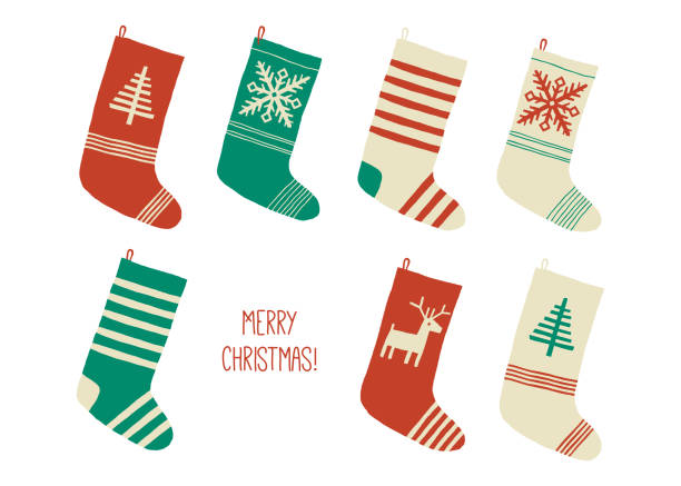 Holiday Merry Christmas card. Christmas stocking. Holiday socks set. Cartoon New Year vector eps 10 illustration isolated on white background in a flat style. Holiday Merry Christmas card. Christmas stocking. Holiday socks set. Cartoon New Year vector eps 10 illustration isolated on white background in a flat style christmas stocking stock illustrations