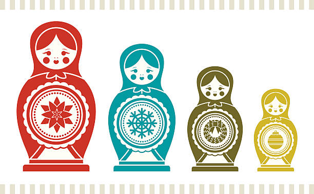 Holiday Nesting Dolls A group of Russian nesting dolls decorated with modern holiday motifs in bright colors russian nesting doll stock illustrations