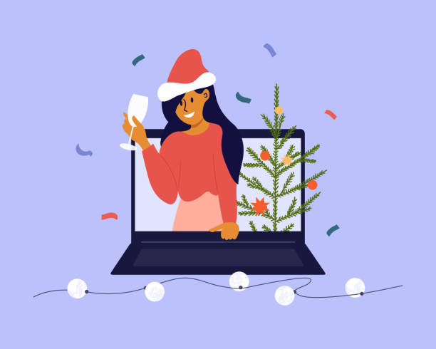stockillustraties, clipart, cartoons en iconen met vakantie online video-oproep en viering vrolijk kerstfeest of gelukkig nieuwjaar op afstand - vrouw kerstboom versieren