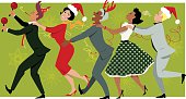 Diverse group of people dressed in vintage fashion and Christmas hats dancing Conga line, snowflakes and streamers on the background, EPS 8