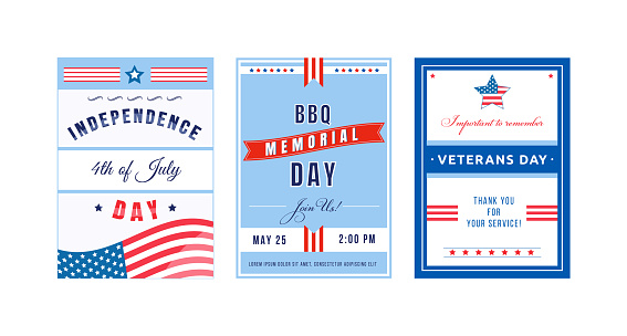 US holiday poster flat vector templates set