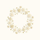 Holiday wreath with snowflakes and stars. Hand drawn golden frame. Vector illustration. Isolated.