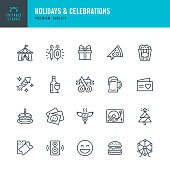 Holidays & Celebrations - vector line icon set. Editable stroke. Pixel perfect. Set contains such icons as Party, Circus, Picnic, Event, Christmas, Fireworks, Amusement Park.