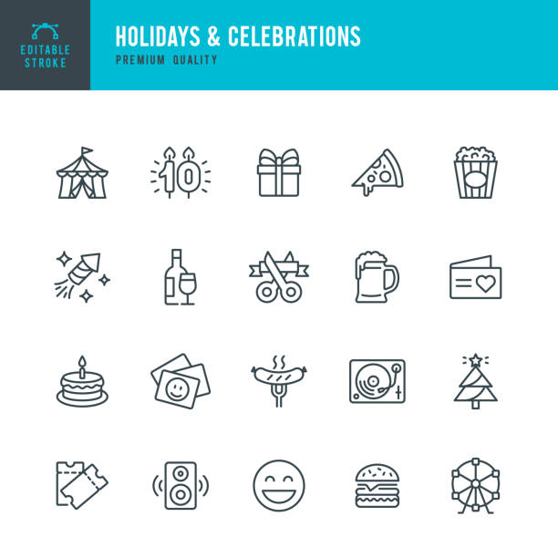 Feiertage & Feiern - Vektorlinien-Icon-Set. Bearbeitbarer Strich. Pixel perfekt. Das Set enthält Symbole wie Party, Zirkus, Picknick, Event, Weihnachten, Feuerwerk, Vergnügungspark.