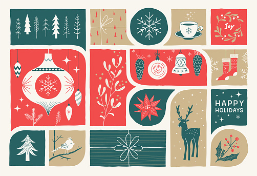 Retro holiday card with hand drawn Christmas decoration. 
Editable vectors on layers.