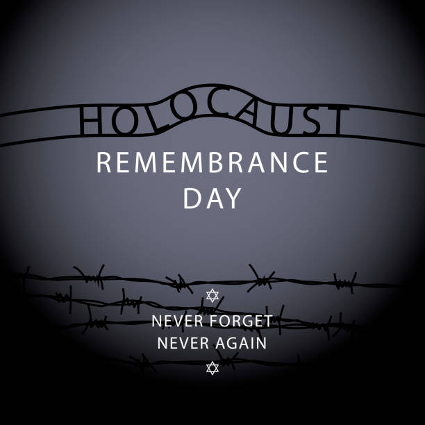 Holocaust Never Again Remembering the holocaust tragedy of Jews for the Holocaust Remembrance Day that occurred during the Second World War with the gate sign of the Auschwitz Concentration Camp, barbed wire and Star of David on the black background holocaust remembrance day stock illustrations