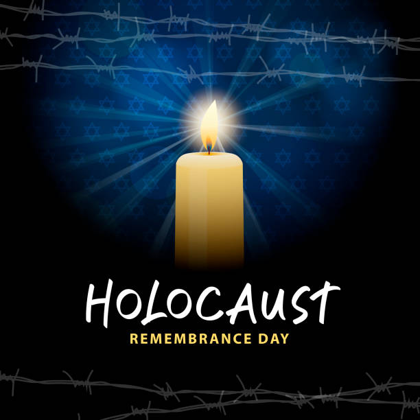 Holocaust Remembrance Day with Candle Remembering the holocaust tragedy of Jews that occurred during the Second World War with candle igniting the blue background with barbed wire and Star of David holocaust remembrance day stock illustrations