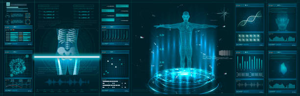 hologramm menschliche anatomie und skelett. abstrakte gesundheit hud ui interface element der medizinischen wissenschaft - diagnosehilfe stock-grafiken, -clipart, -cartoons und -symbole