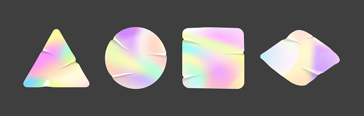 Holographic iridescent foil sticker realistic mockups with folds and texture