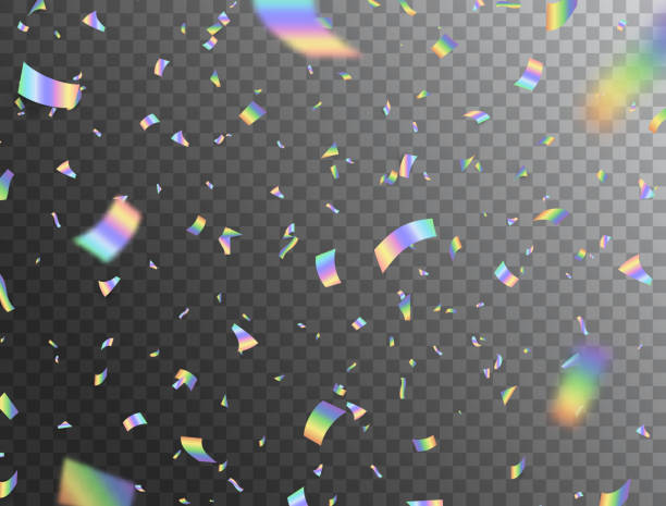 Holographic shiny falling confetti on transparent background. Rainbow festive tinsel. Glitch effect. Foil hologram. Color iridescent decoration for Christmas, Birthday, Wedding. Vector illustration Holographic shiny falling confetti on transparent background. Rainbow festive tinsel. Glitch effect. Foil hologram. Color iridescent decoration for Christmas, Birthday, Wedding. Vector illustration. birthday backgrounds stock illustrations