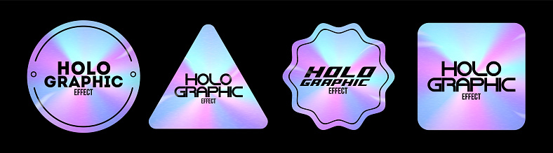 Holographic sticker. Color hologram labels of various shapes, high-quality sticker design, with texture and glitter. Set of 4 geometric shapes