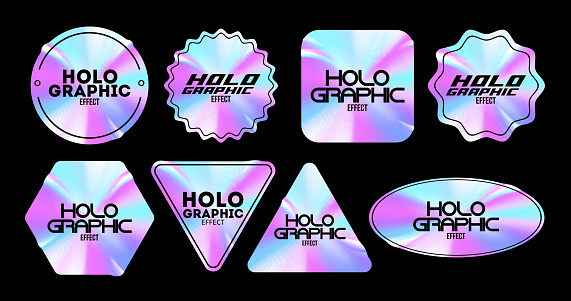 Holographic sticker. Color hologram labels of various shapes, high-quality sticker design, with texture and glitter. Set of 8 geometric shapes