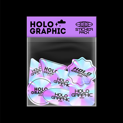 Holographic sticker pack. Color hologram labels of various shapes, high-quality sticker design, with texture and glitter. Set of 8 geometric shapes