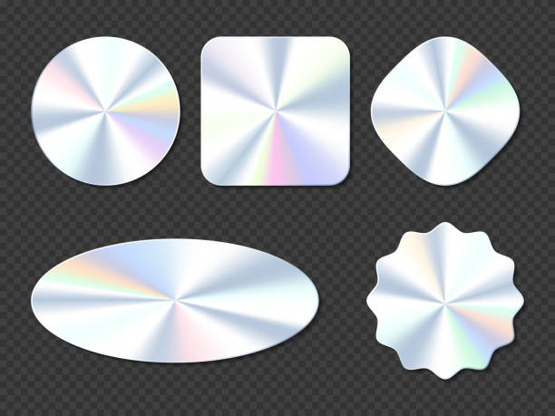 Holographic stickers, hologram labels or emblems Holographic stickers, hologram labels of different shapes. Round, square, oval, rhombus and wavy iridescent foil or silver colored blank rainbow shiny emblems, Realistic 3d vector illustration, set hologram stock illustrations