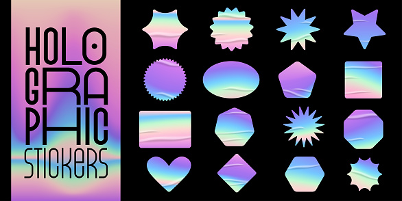 Holographic stickers set. Geometric shapes label with rainbow hologram. Vector elements for modern trend design.