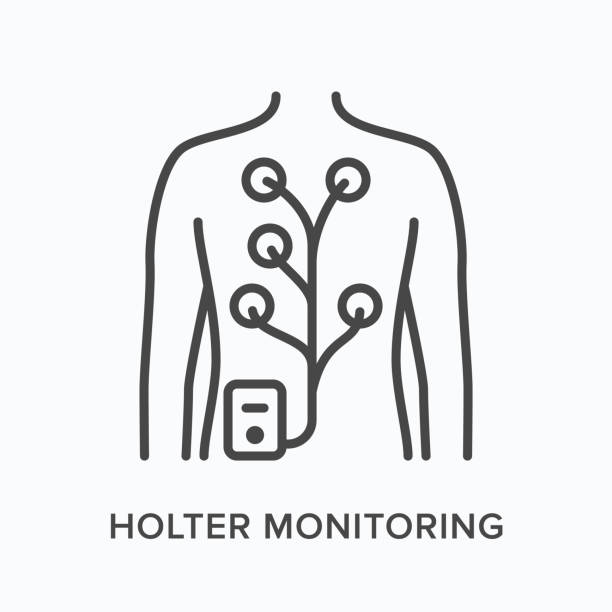 Holter monitor flat line icon. Vector outline illustration of man with electrodes on body. Cardiovascular, cardiology thin linear medical pictogram Holter monitor flat line icon. Vector outline illustration of man with electrodes on body. Cardiovascular, cardiology thin linear medical pictogram. electrode stock illustrations