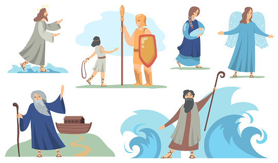Holy bible Christian characters set. Noah and Virgin Mary, Judah and Moses, angel and Jesus. Vector illustrations for religion, traditional biblical stories, culture concept. vector