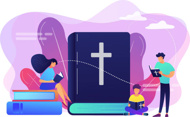 Holy bible concept vector illustration. Tiny people christians reading the Holy Bible and learning about Christ. Holy Bible, sacred holy book, the word of God concept. Bright vibrant violet vector isolated illustration bible stock illustrations