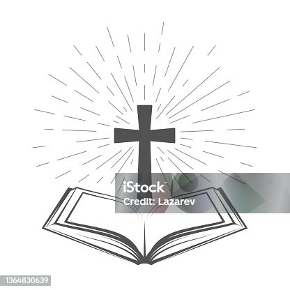 istock Holy Bible icon, open old testament book with shining crucifix, blessing prayer, vector 1364830639