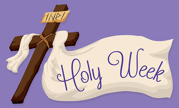 Holy Cross with a Large Fabric with Holy Week Text Wooden Holy Cross with a white fabric and a Holy Week message in purple background. lent stock illustrations