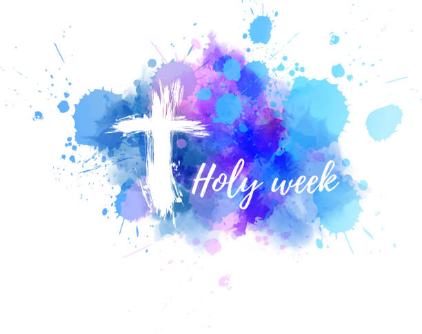 Holy week with cross background Holy week calligraphy text  with abstract grunge cross on watercolor spalsh background. holy week stock illustrations