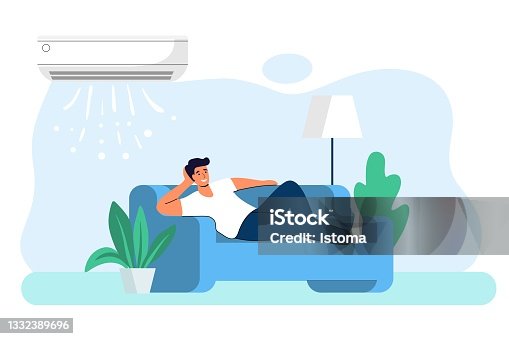 istock Home air conditioning Climate control concept House cooling Comfort living Young man is resting home on the couch with the air conditioner on Air cooling Vector graphic illustration Digital technology 1332389696