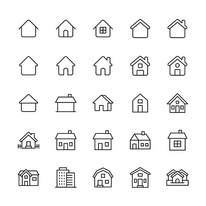25 Home and Building Outline Icons. Agent, Apartment, Architecture, Bank, Building, Business, Chimney, City, Construction, Countryside, Credit, Design, Door, Environment, Family, Fence, Finance, Global Business, Government, Home, Hotel, House, Hut, Investment, Landscape, Loan, Money, Mortgage, Neighbor, Neighborhood, Office, Politics, Real Estate, Relationship, Rent, Roof, Sale, Savings, Skyscraper, Stay at Home, Town, Travel, Village, Warehouse, Window, Workplace.